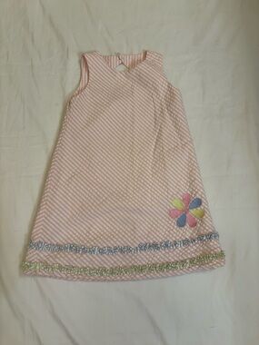 Chez Ami Girls Size 6 Pink Seersucker Dress Floral Appliqué Spring Boutique